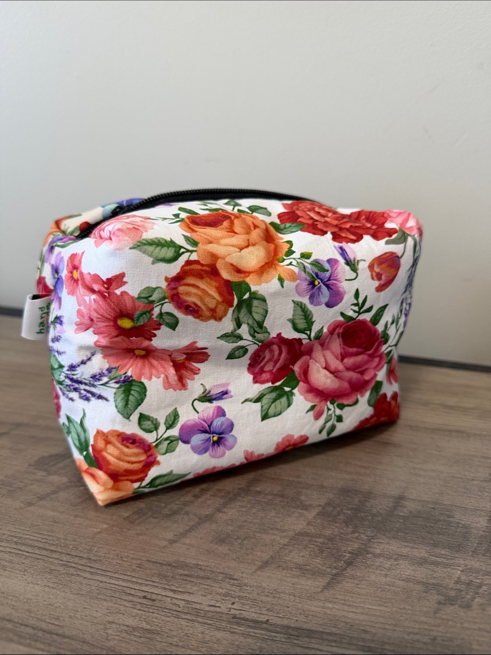 New Floral Canvas Cosmetic Pouch - White with Pink & Orange Roses